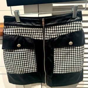 Faux Black Leather & Houndstooth Print Mini Skirt